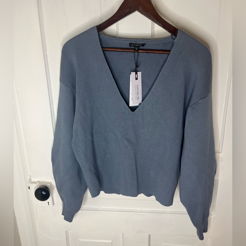 Dynamite Oversize V-Neck Blue Cotton Sweater Size XS